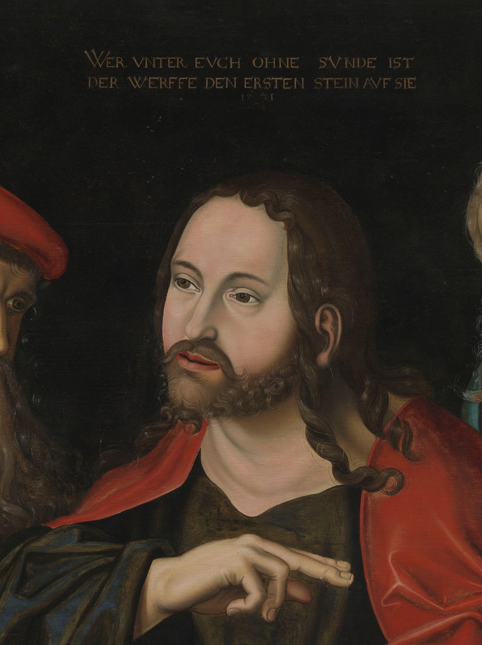Kristus a žena odcizení z cizoložství, detail, cca 1700 (olej na dřevě) od Lucas the Elder (after) Cranach