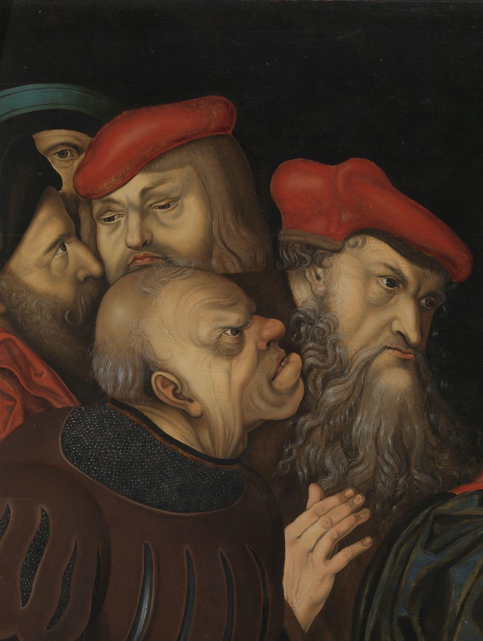 Kristus a žena odcizení z cizoložství, detail, cca 1700 (olej na dřevě) od Lucas the Elder (after) Cranach