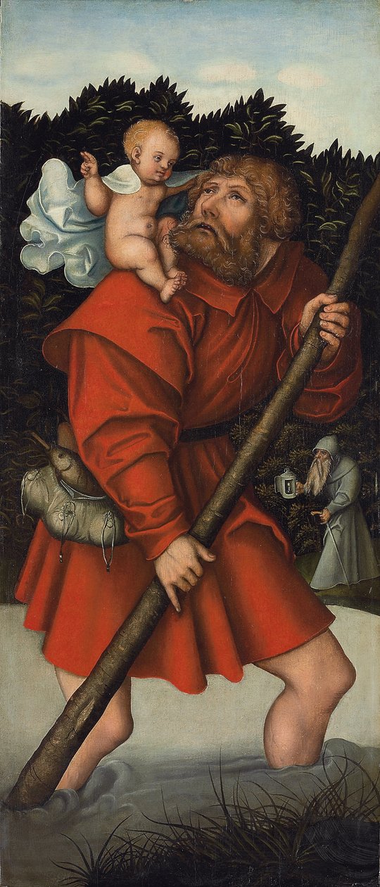 Svatý Kryštof nesoucí Ježíška; a archanděl Michael držící váhy spravedlnosti (olej na panelu) od Lucas the Elder (workshop of) Cranach