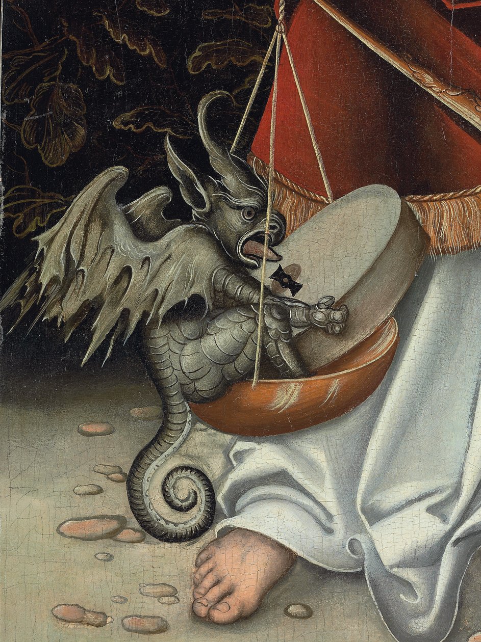 Archanděl Michael držící váhy spravedlnosti (detail) (olej na panelu) od Lucas the Elder (workshop of) Cranach