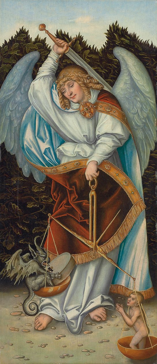 Archanděl Michael drží váhy spravedlnosti (olej na panelu) od Lucas the Elder (workshop of) Cranach