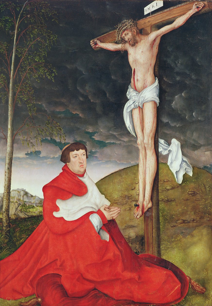 Albert, kardinál kurfiřt z Mohuče u paty kříže (olej na desce) od Lucas the Elder Cranach