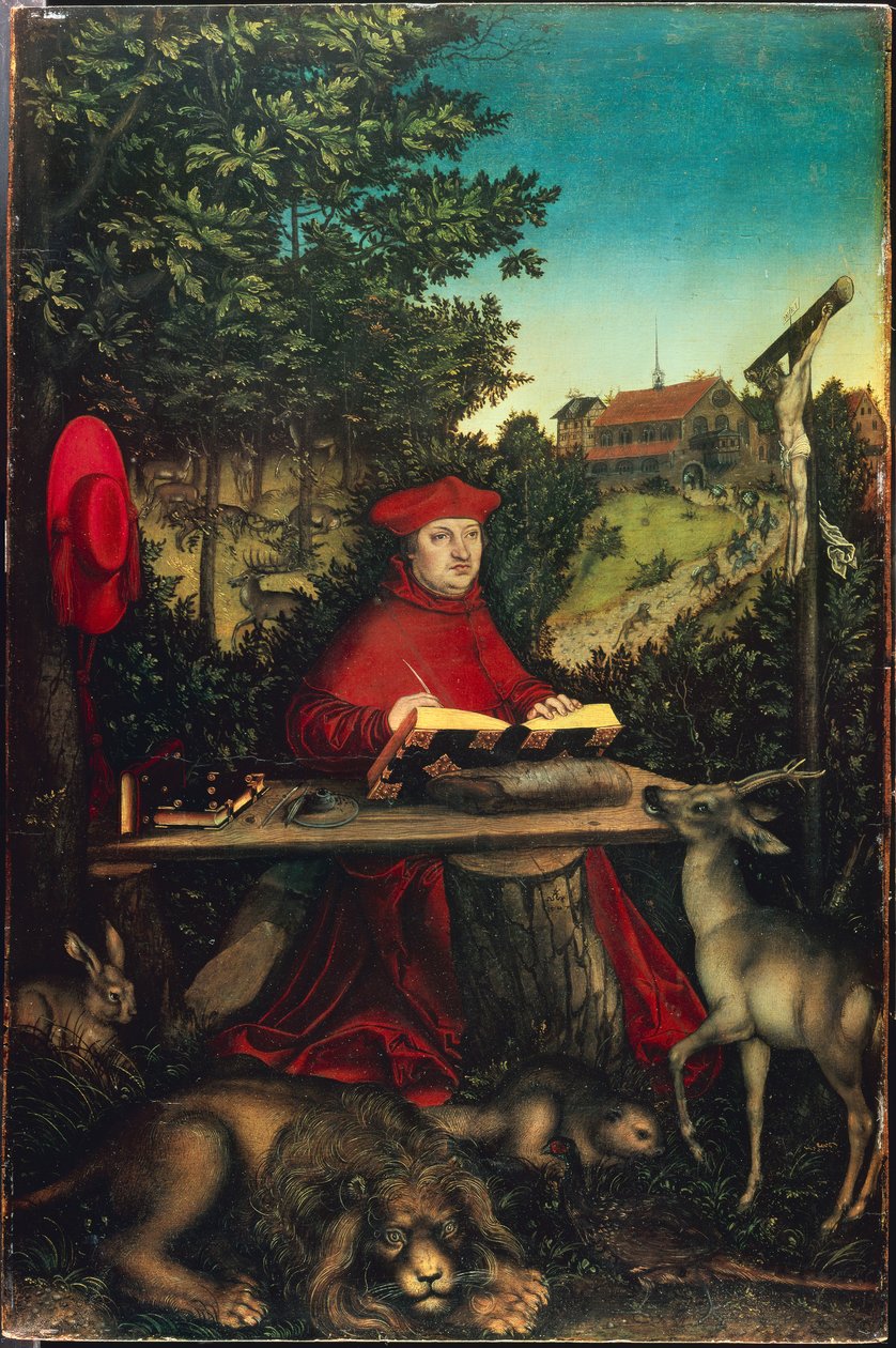 Kardinál Albrecht Braniborský (1490-1545) jako svatý Jeroným, Cranach, Lucas, starší (1472-1553). Olej na dřevě od Lucas the Elder Cranach