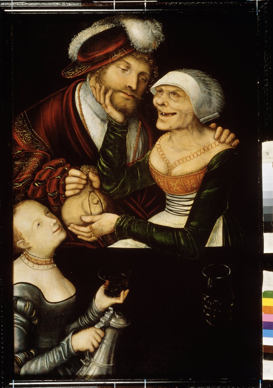 "Prokurátor" Bezzubý pasák vezme klientovi peněženku výměnou za rozhovor s prostitutkou. Obraz Lucase Cranacha staršího (1472-1553) kolem roku 1530 State Georgian Art Museum, Tiflis (Tbilisi) Georgia od Lucas the Elder Cranach