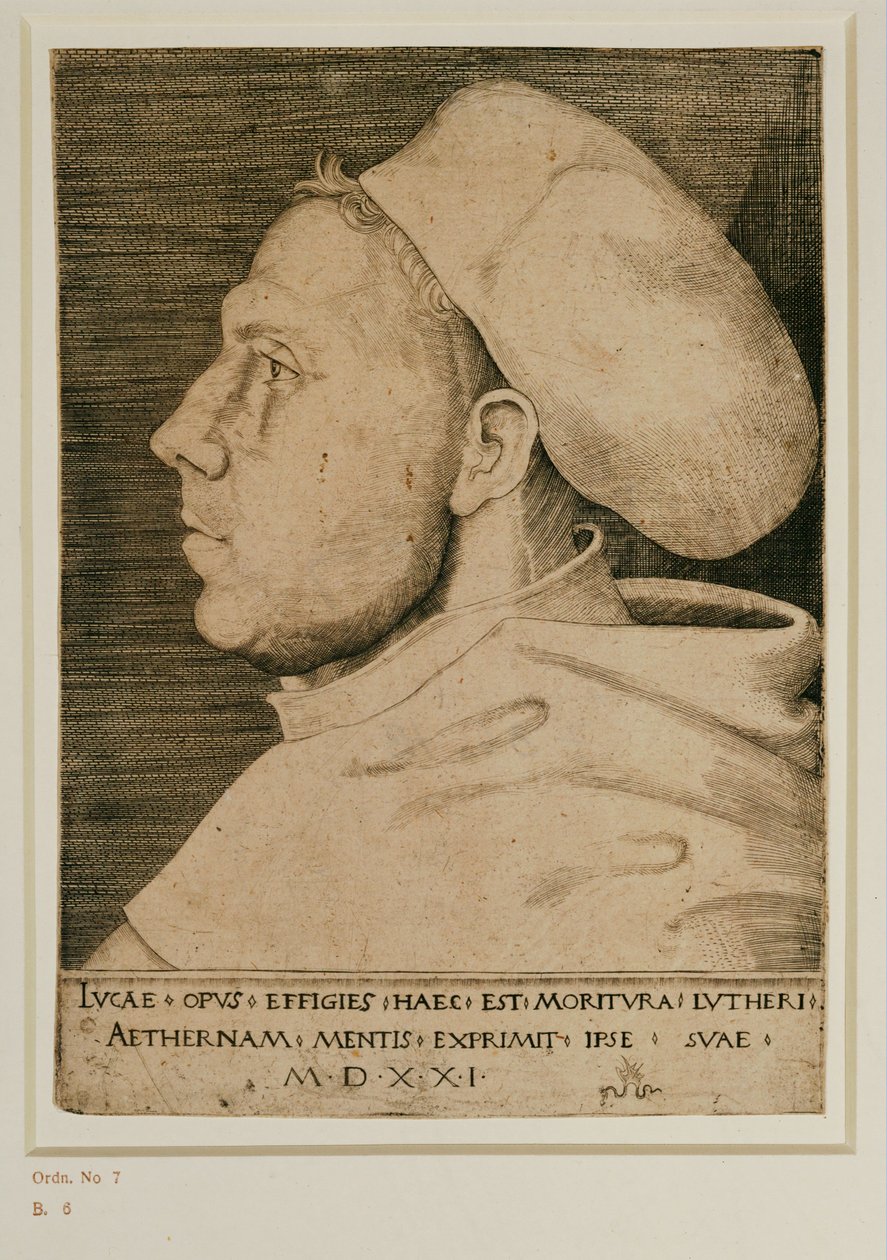 Martin Luther s lékařskou čepicí. Rytina ... (rytina) od Lucas the Elder Cranach