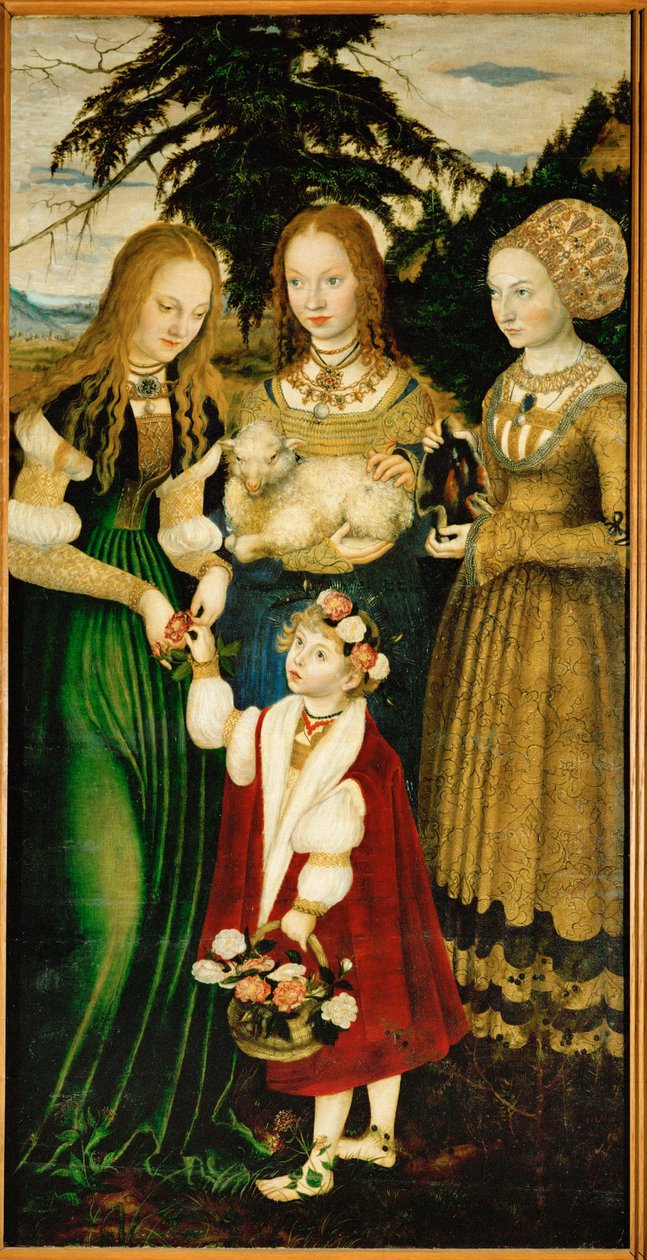 Svatá Dorota, svatá Anežka a svatá Kunigunda, detail oltáře svaté Kateřiny od Lucas the Elder Cranach