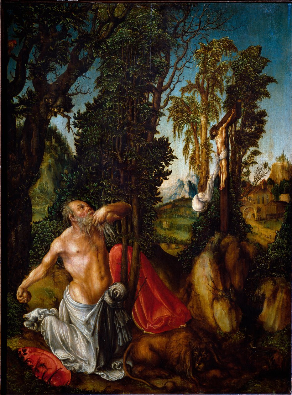 Svatý Jeroným v malbě Pokání od Lucase Cranacha staršího (1472-1553) 1502 Ne. 55,5x41,5 cm Vídeň, Kunsthistorisches Museum od Lucas the Elder Cranach