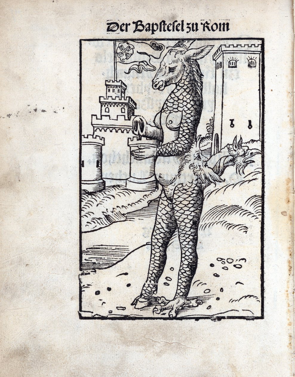 Bapstesel zu Rom (Papežský Asse nebo Římský papež Asse), Cranach, Lucas, starší (1472-1553). Dřevoryt od Lucas the Elder Cranach