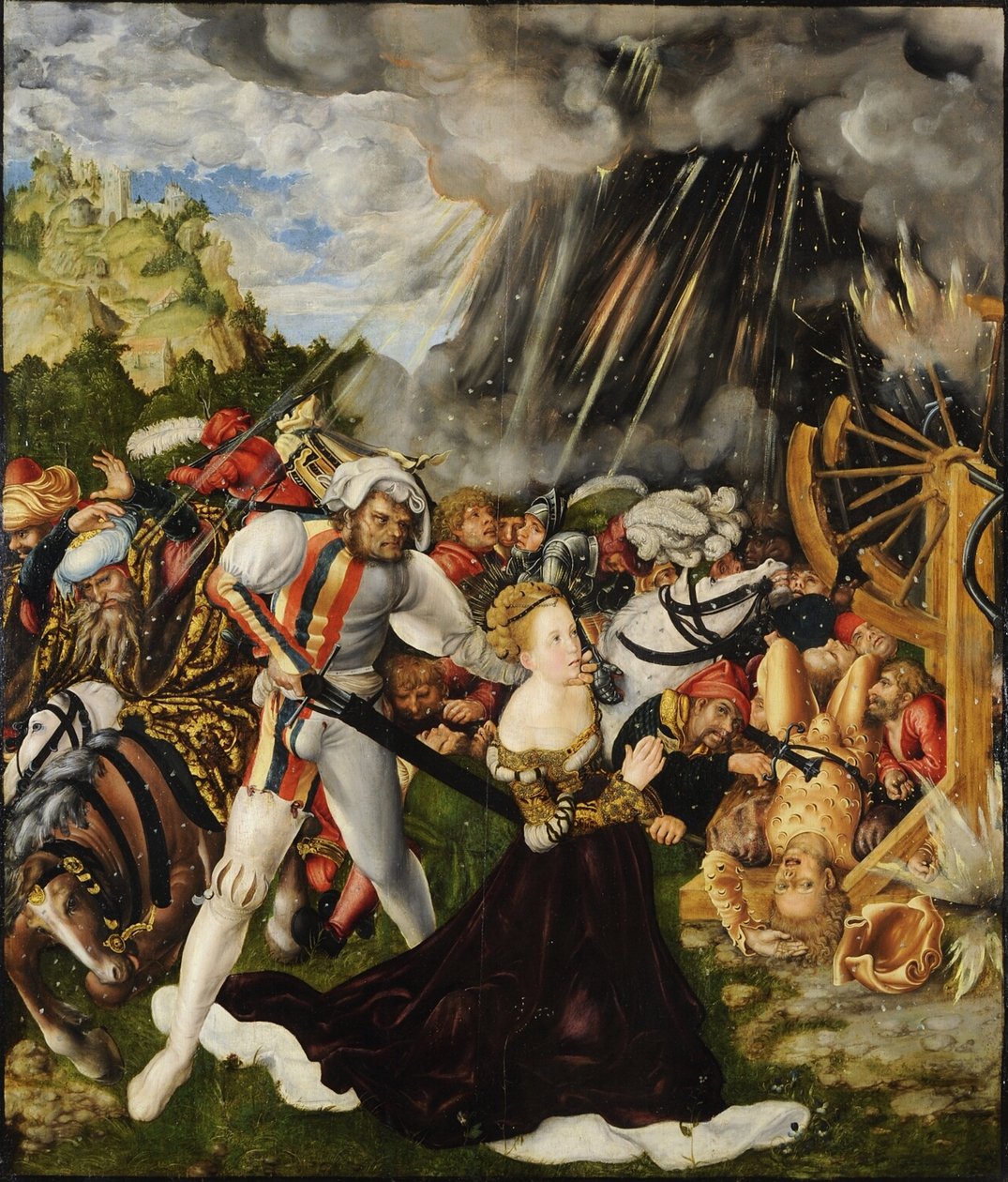 Umučení svaté Kateřiny - Peinture deLucas Cranach starší (1472-1553) - cca 1504-1509 - Olej na dřevě - 112x95 - Raday Muzeum Budapest od Lucas the Elder Cranach