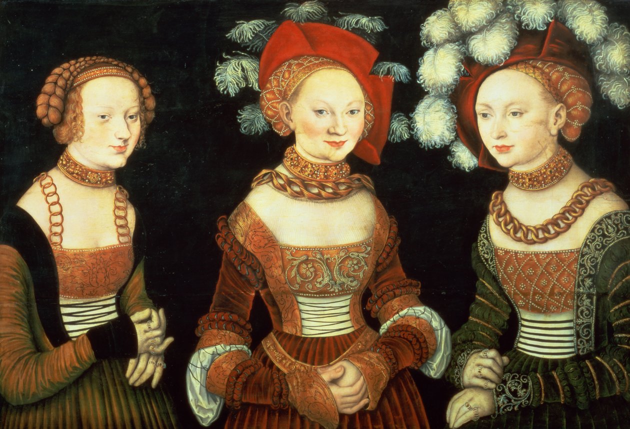 Tři princezny saské, Sibylla (1515-92), Emilia (1516-91) a Sidonia (1518-75), dcery vévody Heinricha z Frommenu, kolem 1535 (panel) od Lucas the Elder Cranach