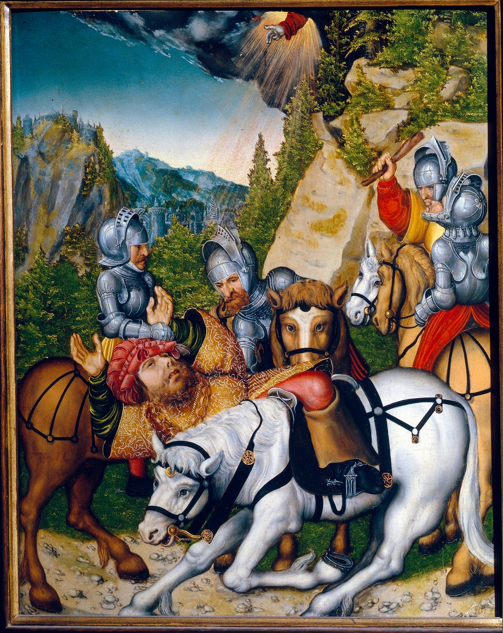 Konverze na cestě do Damašku (Sýrie). (Konverze na cestě do Damašku). Svatý Pavel (Saul) z Tarsu (asi 8-c. 67). Obraz Lucase Cranacha mladšího (1515-1586), olej na dřevě. německé umění od Lucas the Younger Cranach