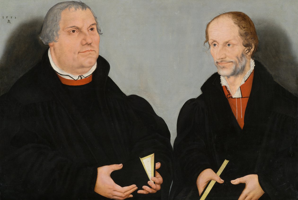 Martin Luther (1483-1546) a Philipp Melanchthon (1497-1560) od Lucas the Younger Cranach
