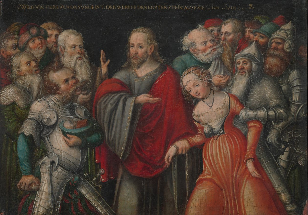 Kristus a cizoložnice, kolem 1545-50 (olej na buku) od Lucas the Younger studio of Cranach