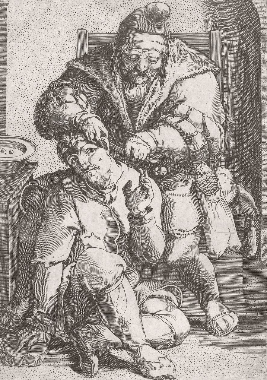 Barber chirurg ze 17. století pečující o pacientovo ucho. od Lucas van (after) Leyden