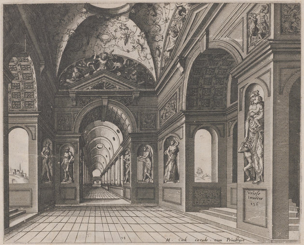 Interiér křížově klenutého sálu zdobeného groteskami od Lucas van Doetechum and Johannes
