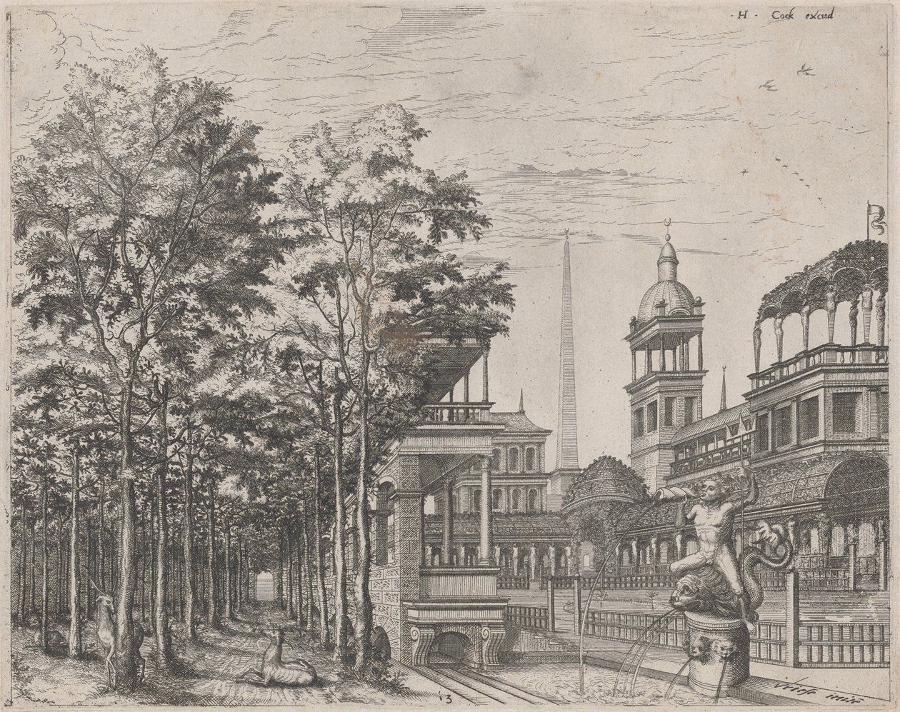 Krajina se stromy, dvěma jeleny a nádvořím paláce od Lucas van Doetechum and Johannes