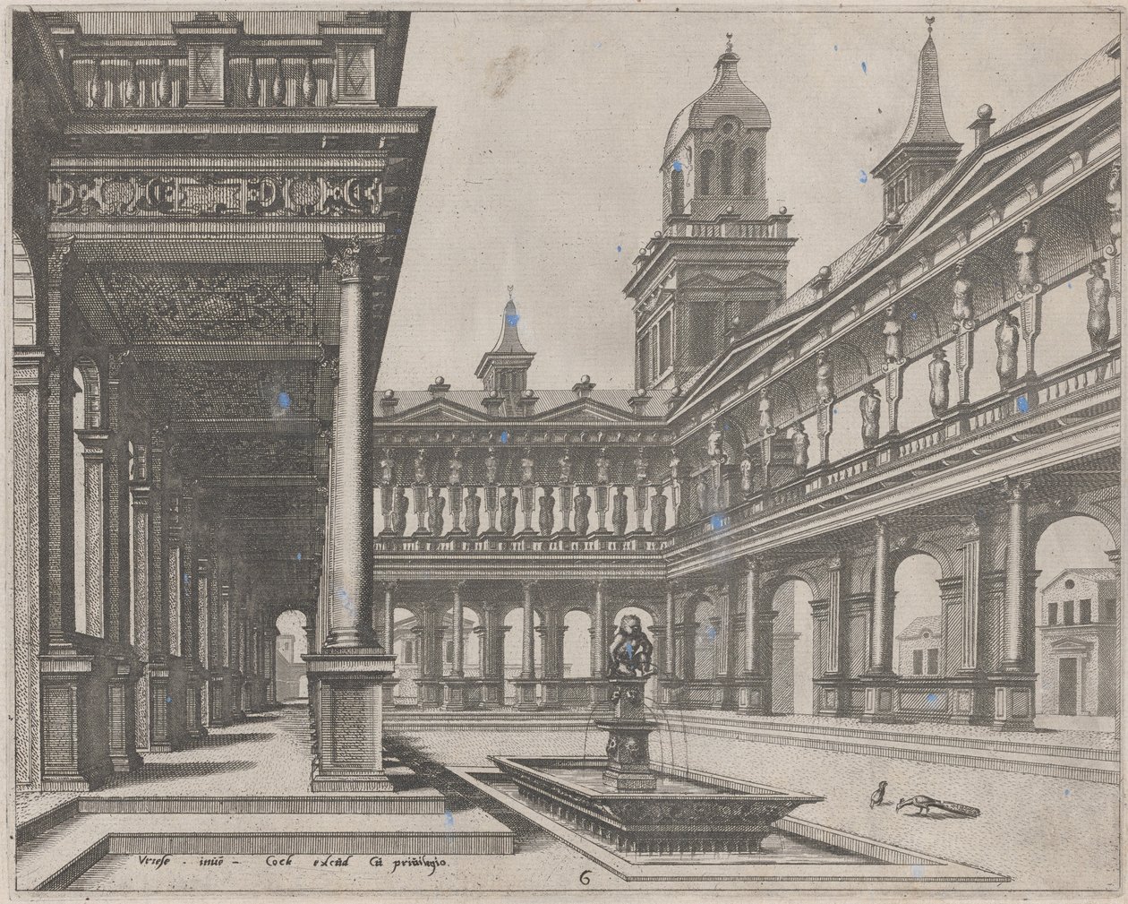 Palácové nádvoří s fontánou v obdélníkové pánvi od Lucas van Doetechum and Johannes