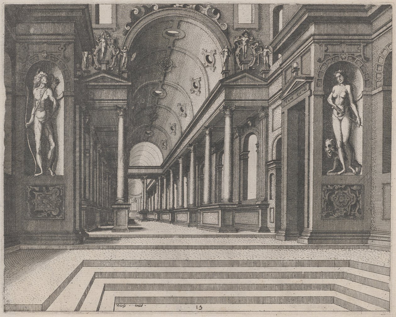 Pohled do kostela s korintskými sloupy a sochami Apollóna, Melpomene a Mojžíše od Lucas van Doetechum and Johannes