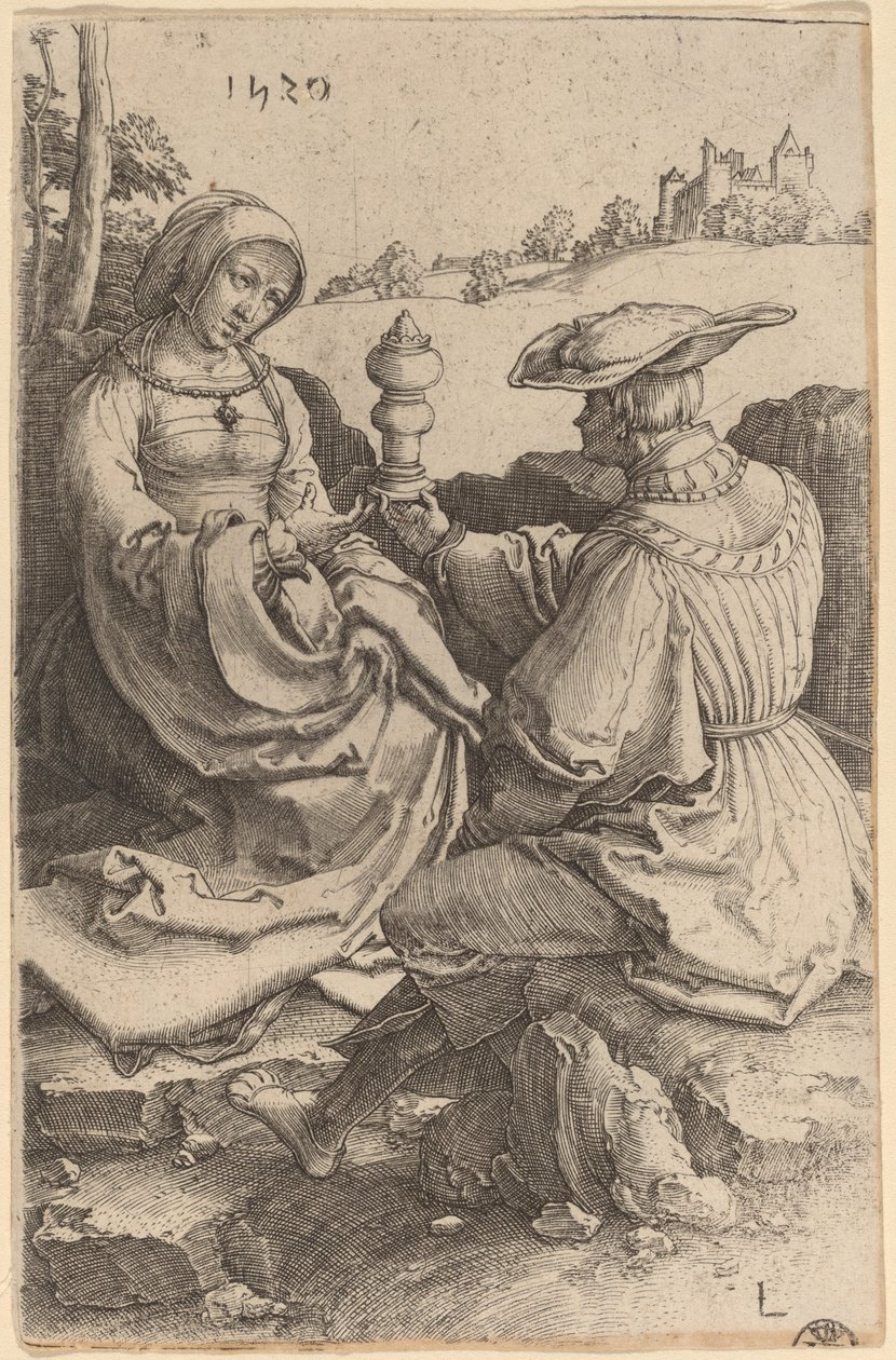 Šlechtic a dáma sedící v krajině od Lucas van Leyden