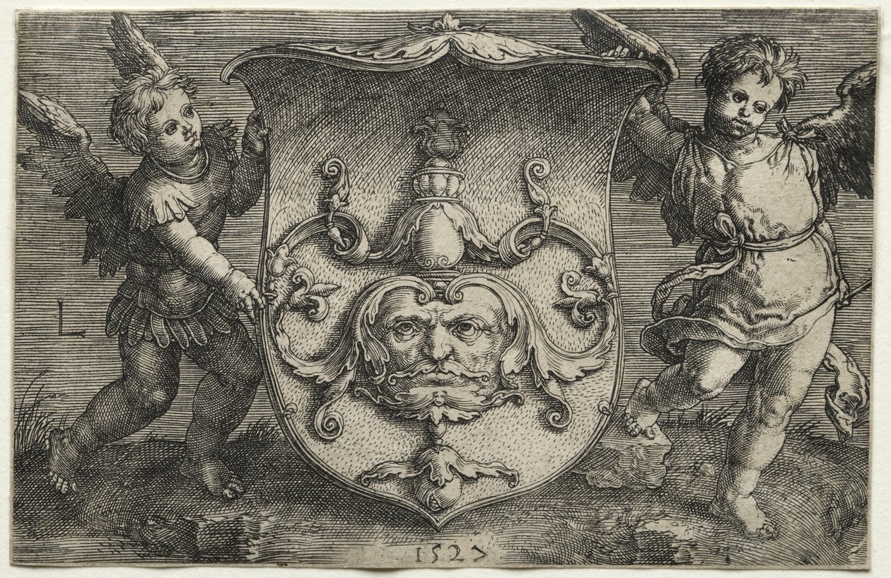 Štít nesoucí masku podporovanou dvěma génii, 1527. od Lucas van Leyden