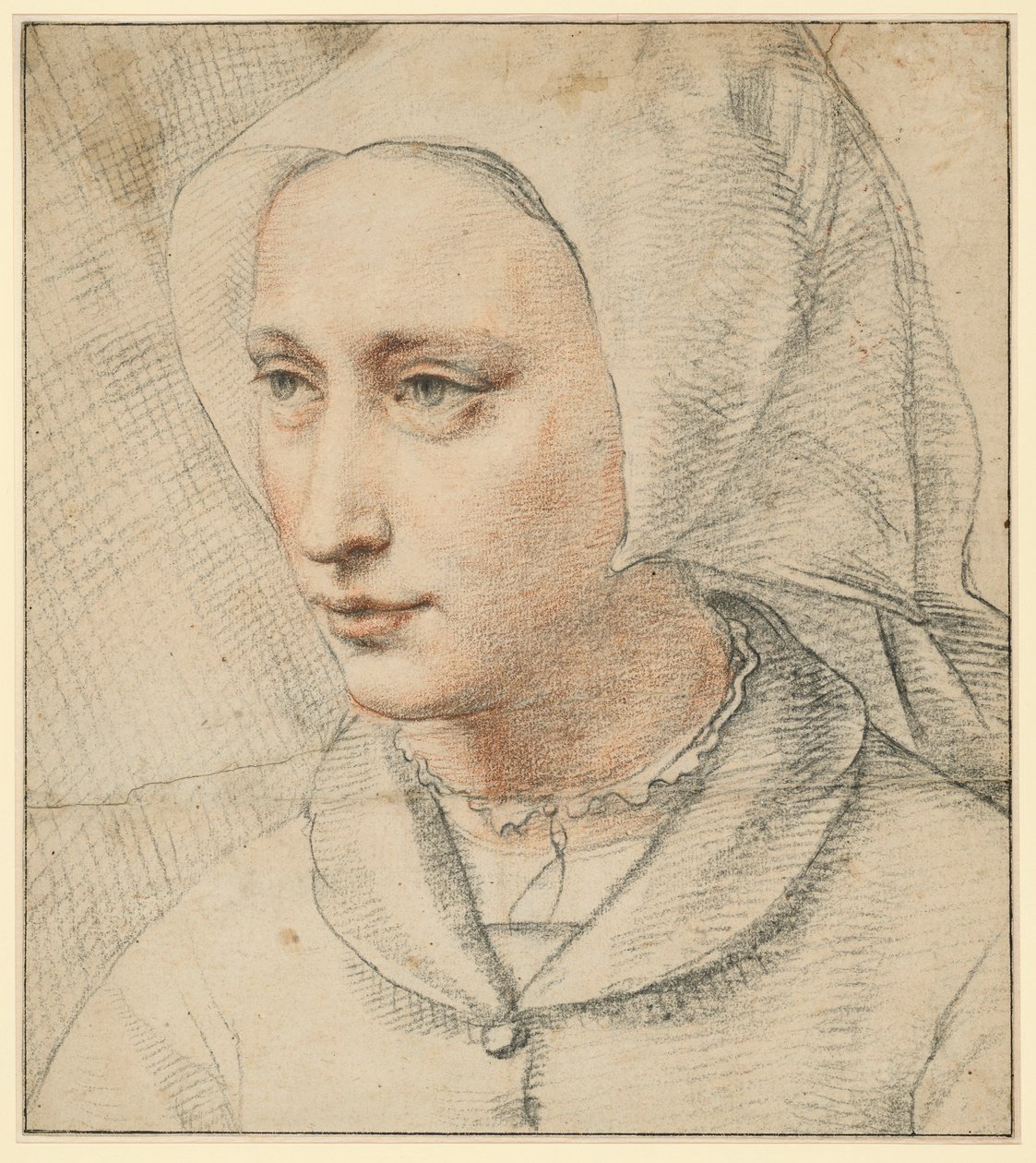 Poprsí ženy s čepečkem, napůl obrácené doleva od Lucas van Leyden