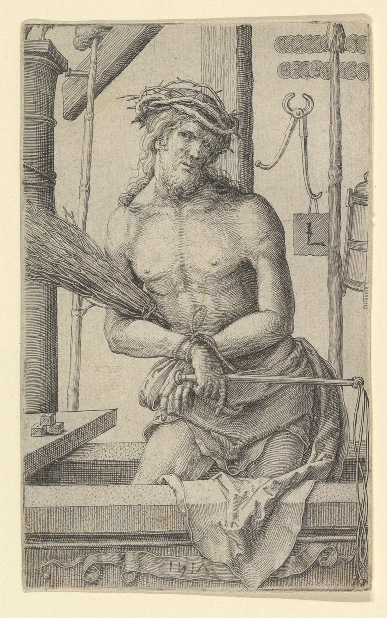 Kristus jako muž bolesti s nástroji umučení., 1517. od Lucas van Leyden