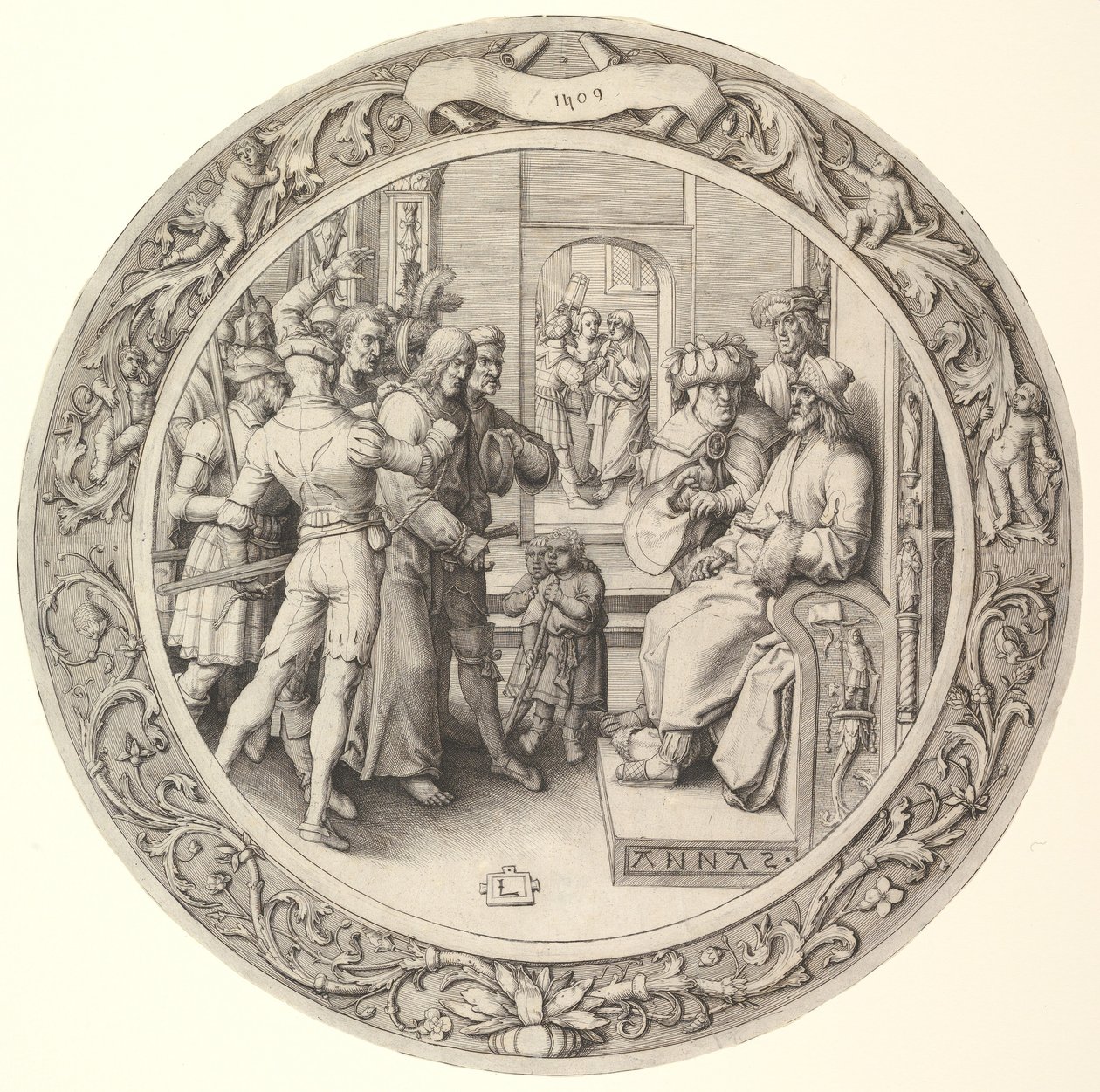 Kristus před Annášem, z Kruhových pašijí, 1509. od Lucas van Leyden