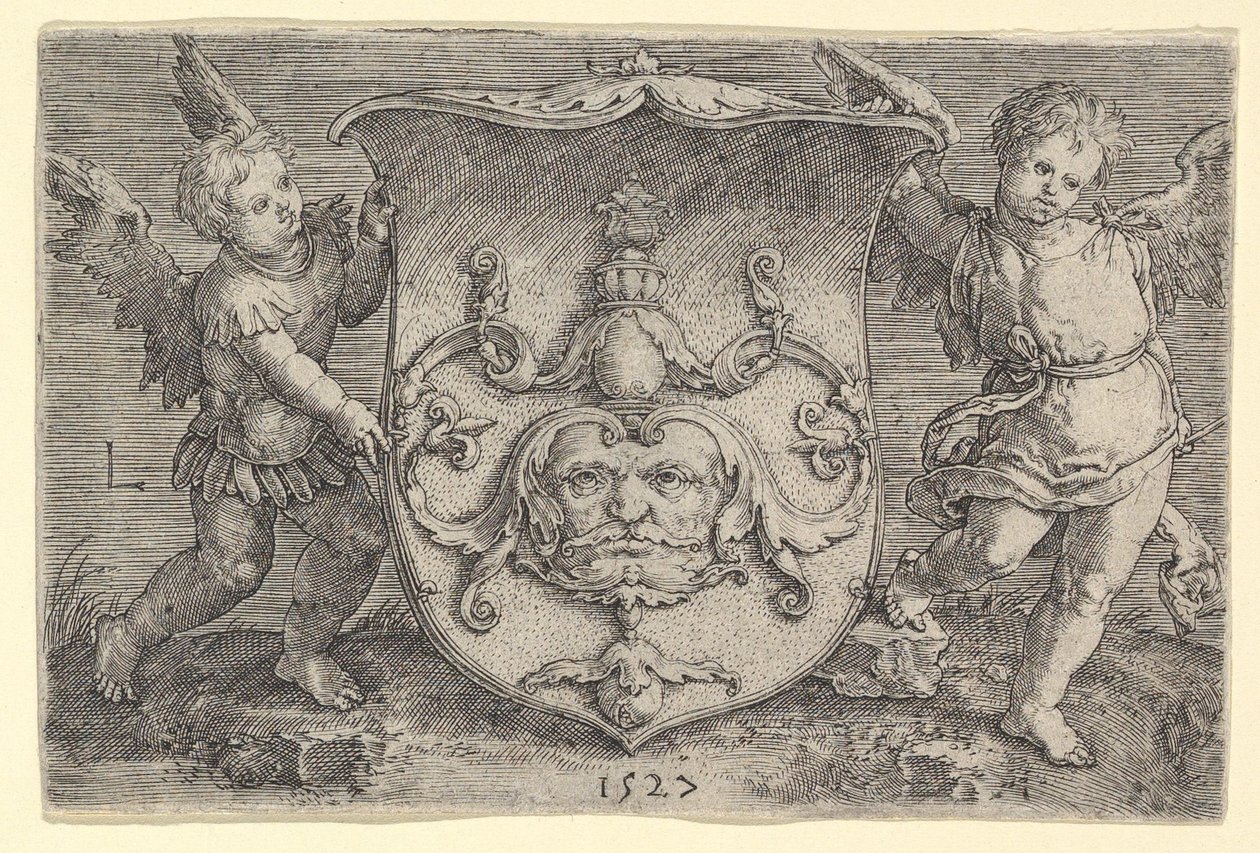Erb s maskou, držený dvěma Genii, 1527. od Lucas van Leyden