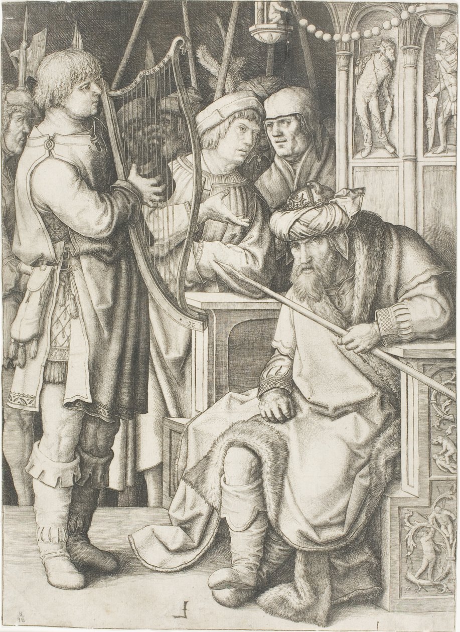 David hraje na harfu před Saulem od Lucas van Leyden