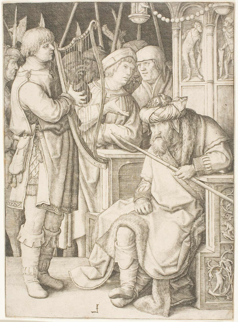 David hraje na harfu před Saulem od Lucas van Leyden