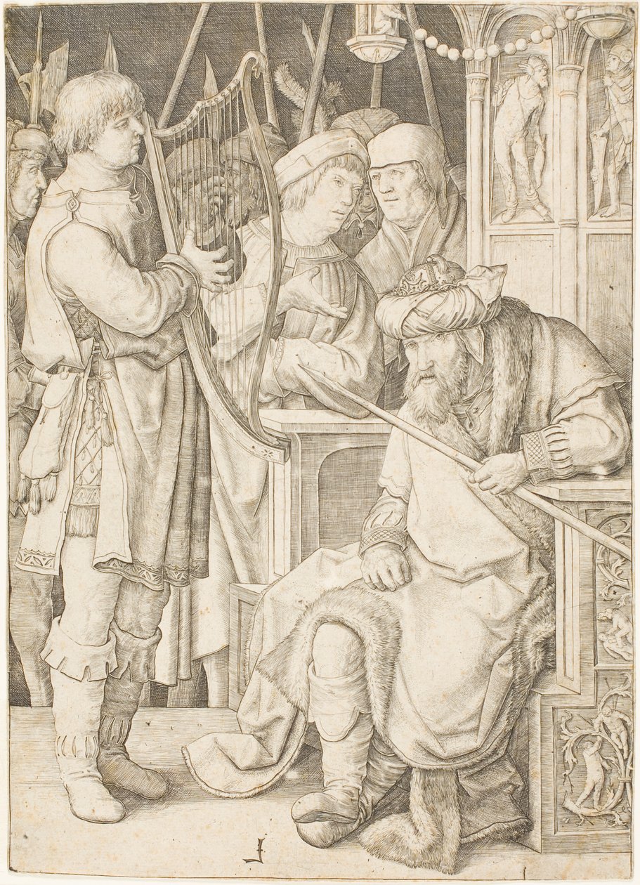 David hraje na harfu před Saulem od Lucas van Leyden