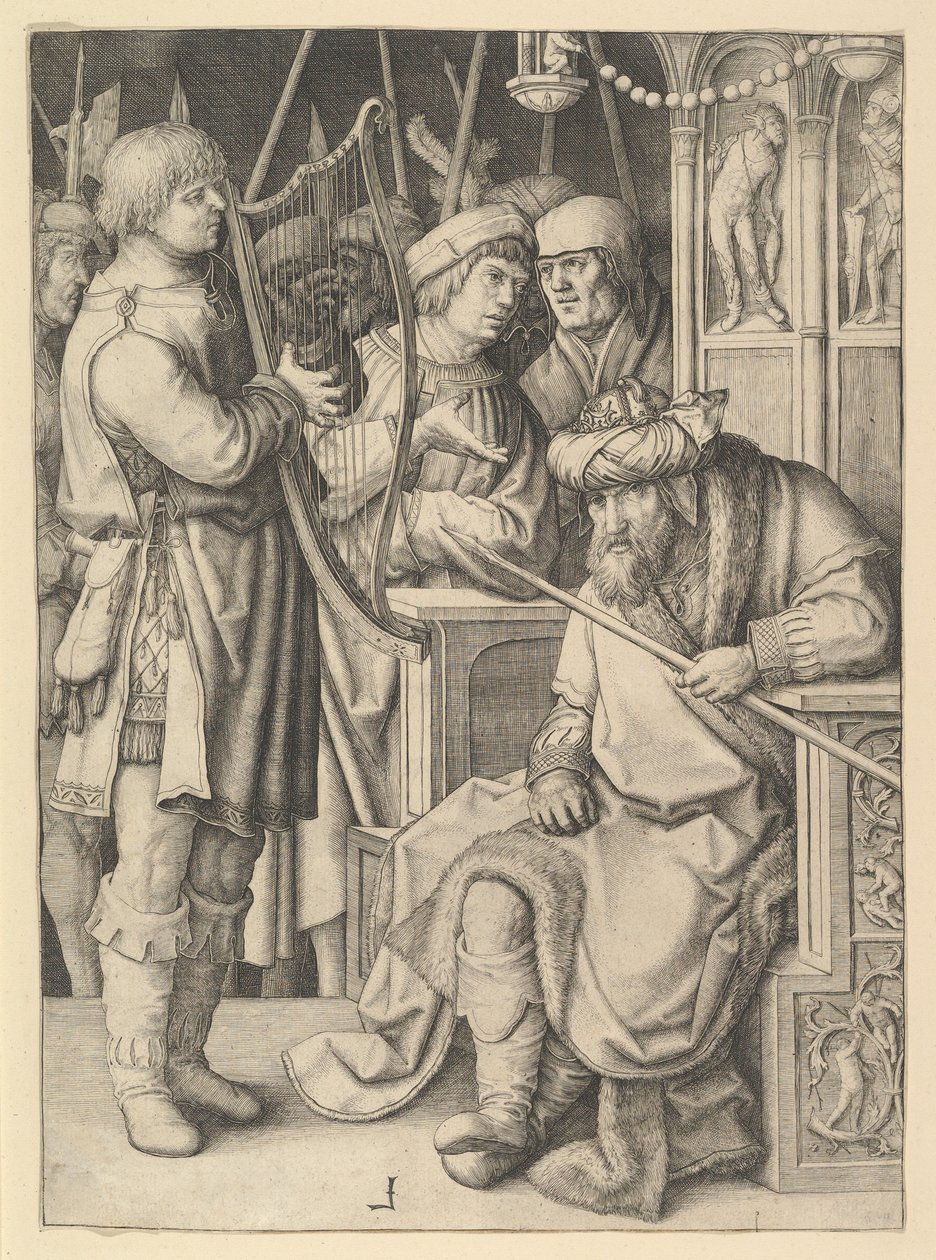 David hraje na harfu před Saulem od Lucas van Leyden