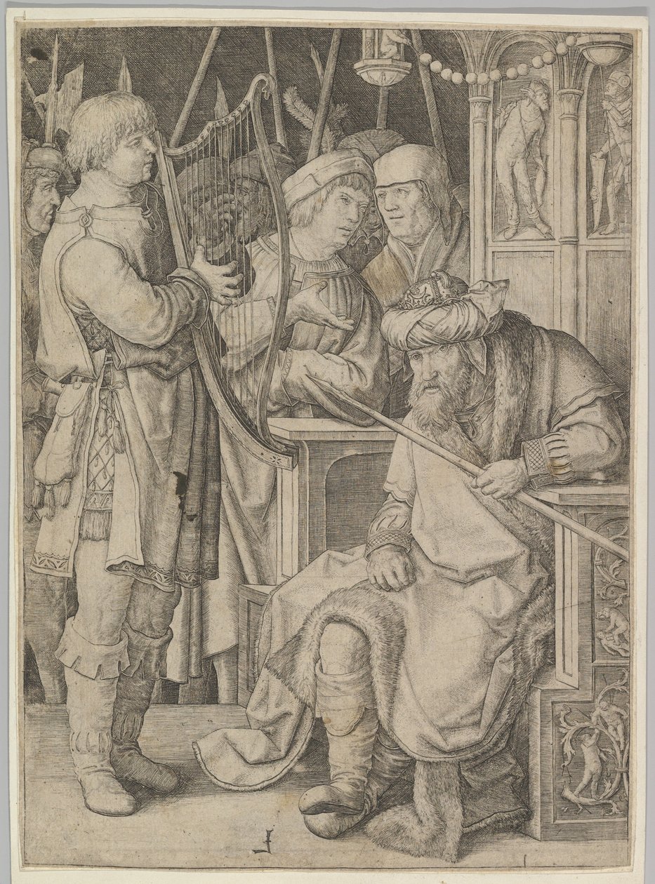David hraje na harfu před Saulem od Lucas van Leyden