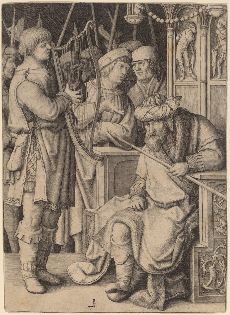 David hraje na harfu před Saulem od Lucas van Leyden