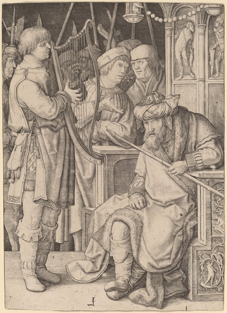 David hraje na harfu před Saulem od Lucas van Leyden