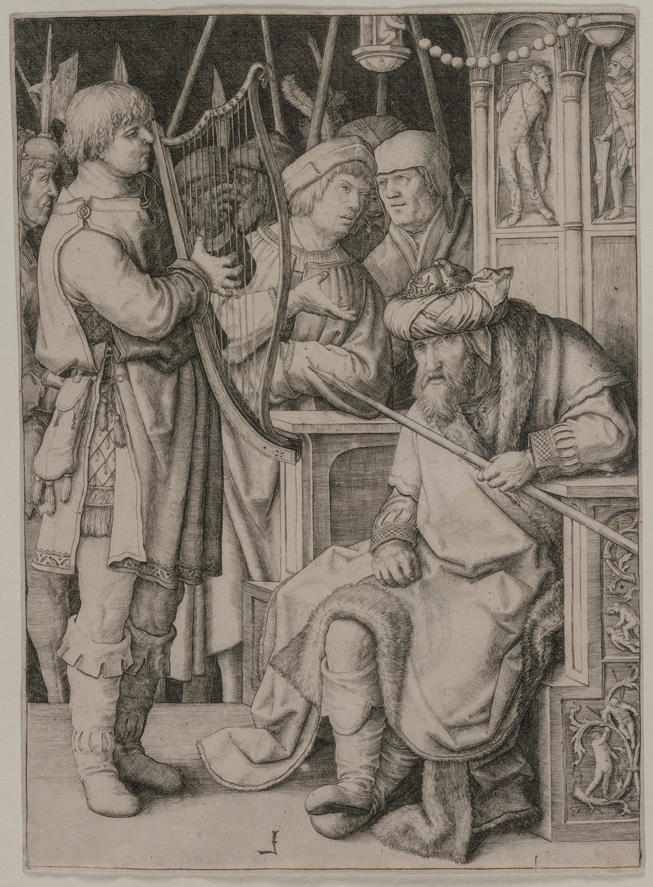 David hraje na harfu před Saulem od Lucas van Leyden