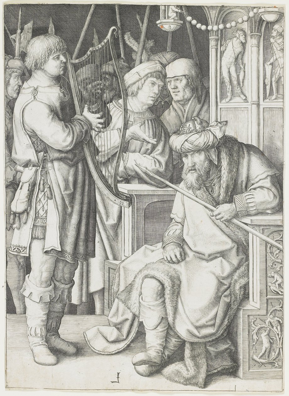 David hraje na harfu před Saulem, c. 1508 od Lucas van Leyden
