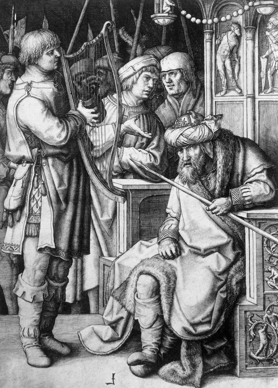David hrající na harfu před králem Saulem, asi 1508, autor Lucas van Leyden (asi 1494-1533), rytina od Lucas van Leyden