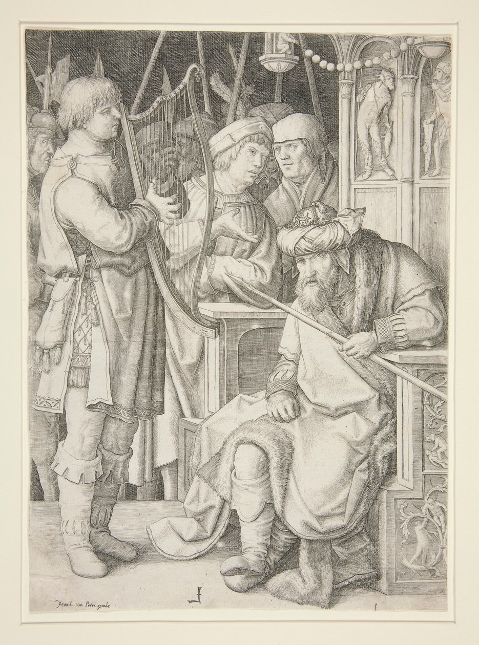 David hraje na harfu před Saulem od Lucas van Leyden