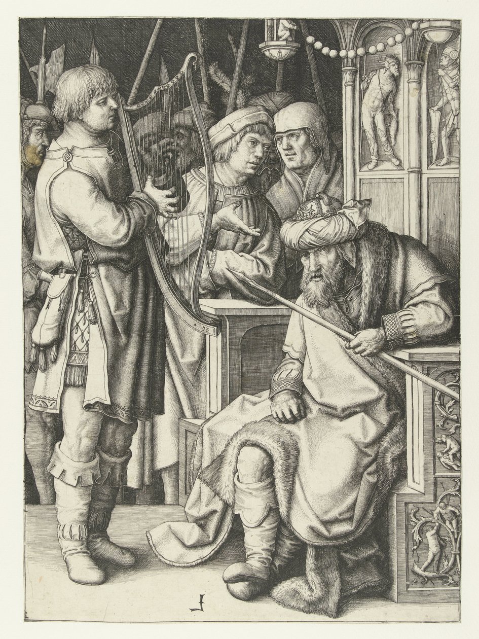 David hraje na harfu pro Saula od Lucas van Leyden