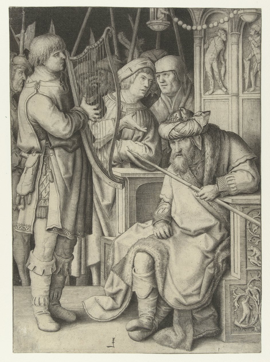 David hraje na harfu pro Saula od Lucas van Leyden