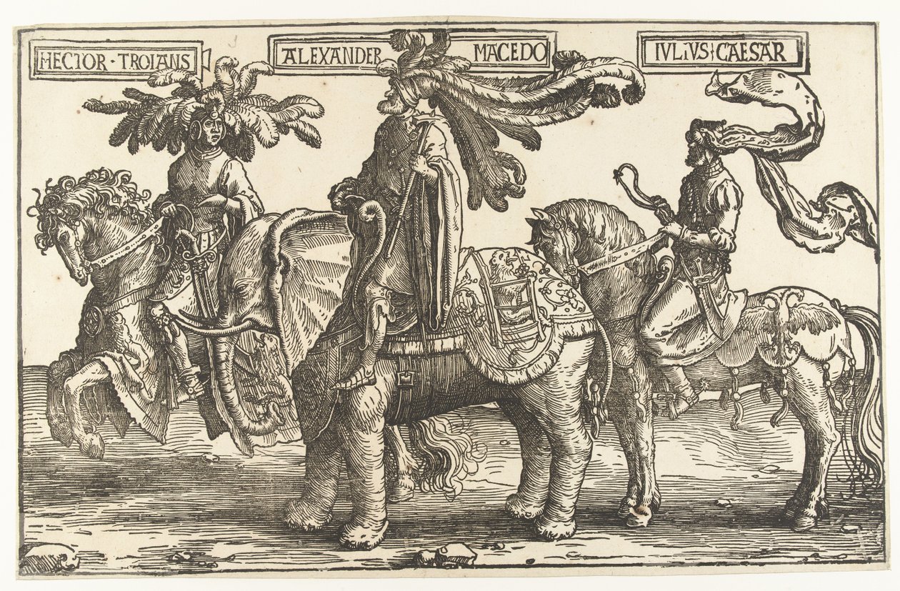 Hrdinové Hektor z Tróje, Alexandr Veliký a Julius Caesar The Nine Heroes (název série) od Lucas van Leyden