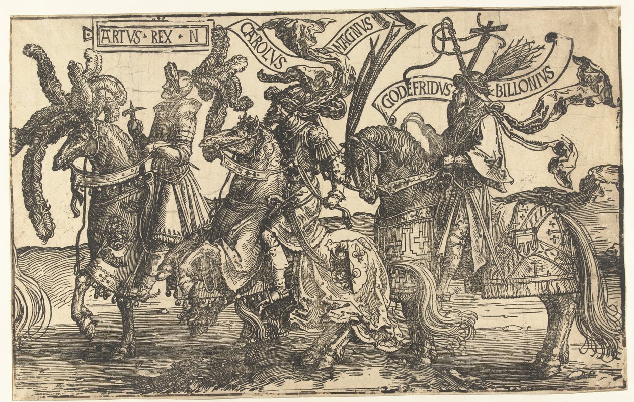 Hrdinové král Artuš, Karel Veliký a Godfrey z Bouillonu The Nine Heroes (název série) od Lucas van Leyden