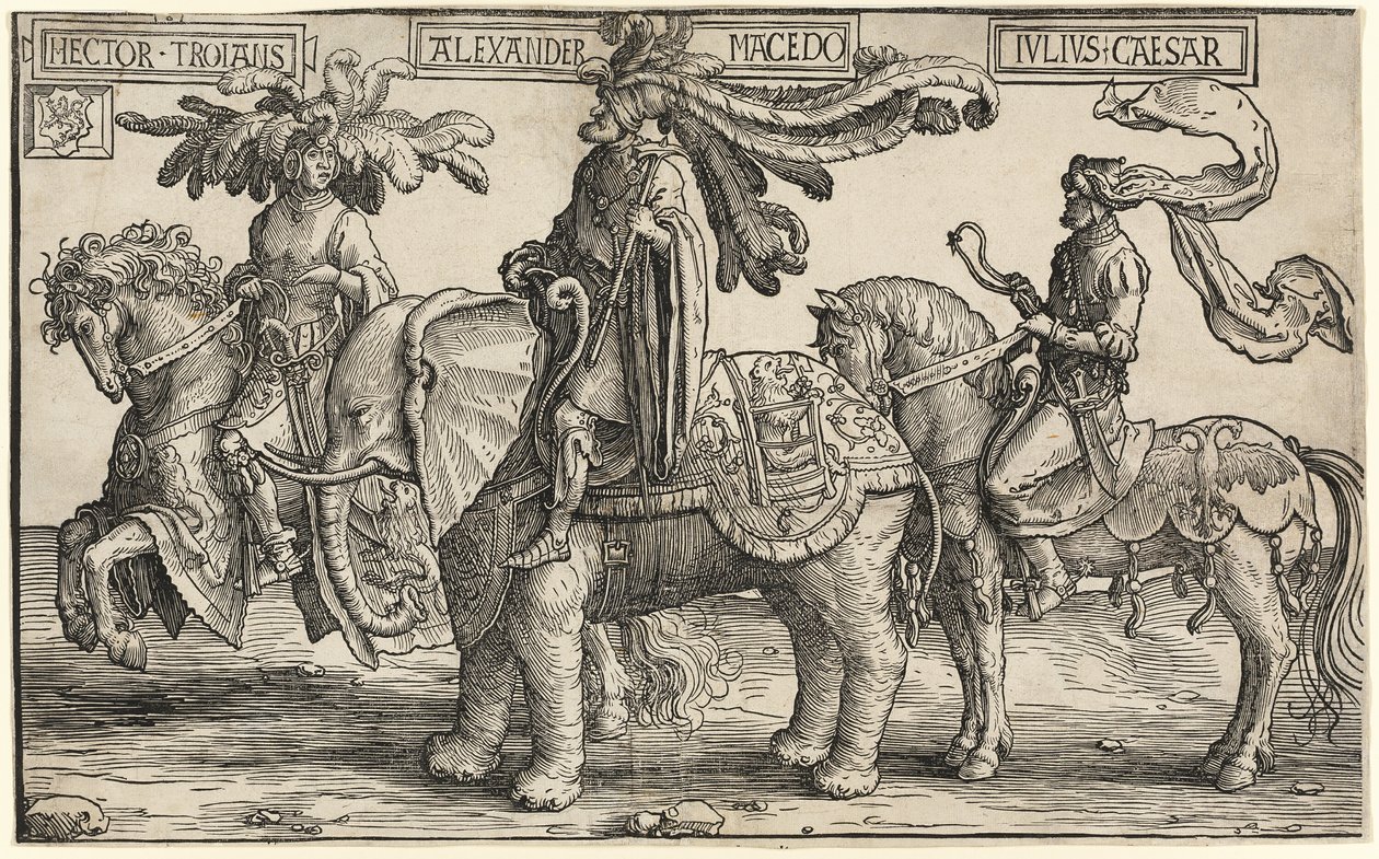 Hektor Trójský, Alexandr Makedonský, Julius Caesar z Devíti hrdinů od Lucas van Leyden