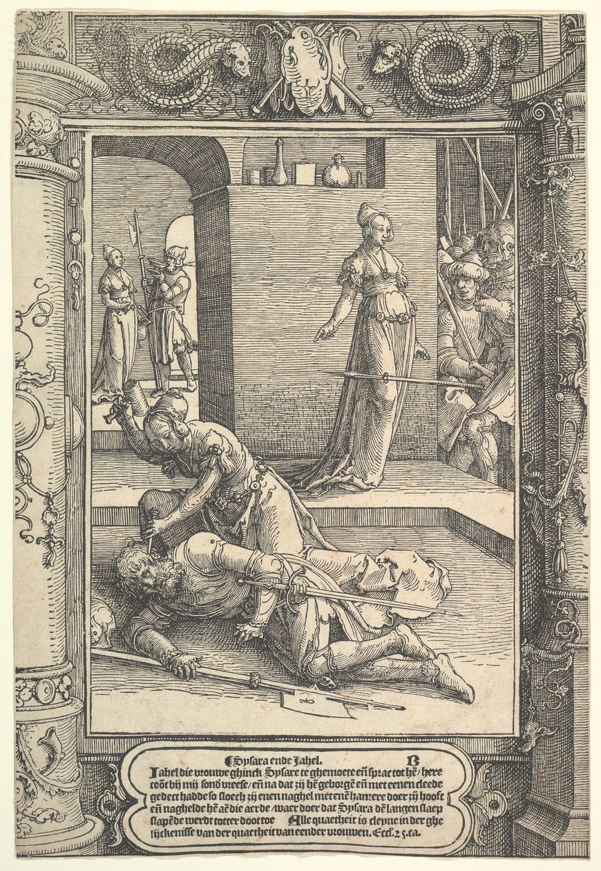 Jael Killing Sisera, ozdobný rám, ca. 1517. od Lucas van Leyden