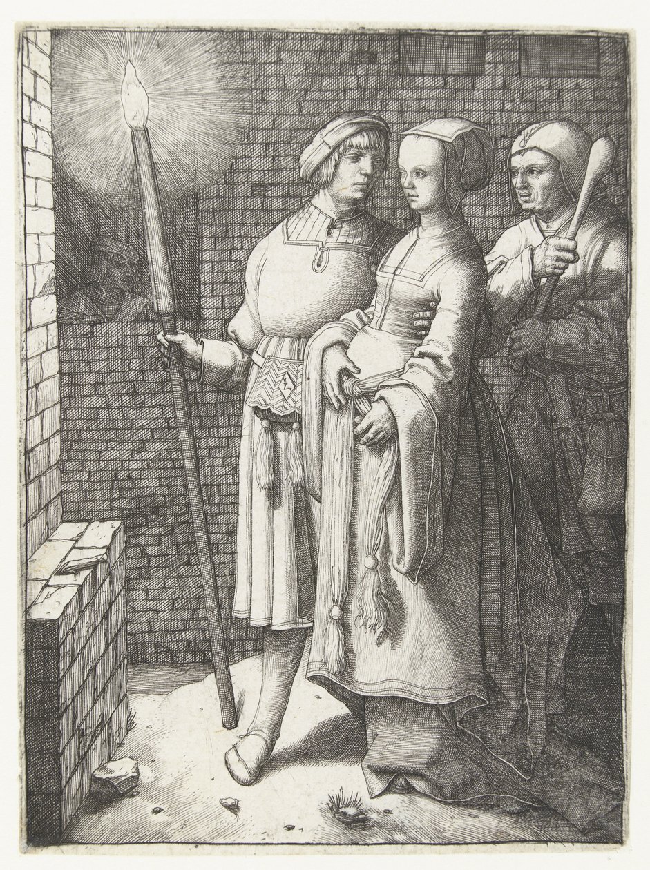 Mladý muž s pochodní, žena a nar od Lucas van Leyden