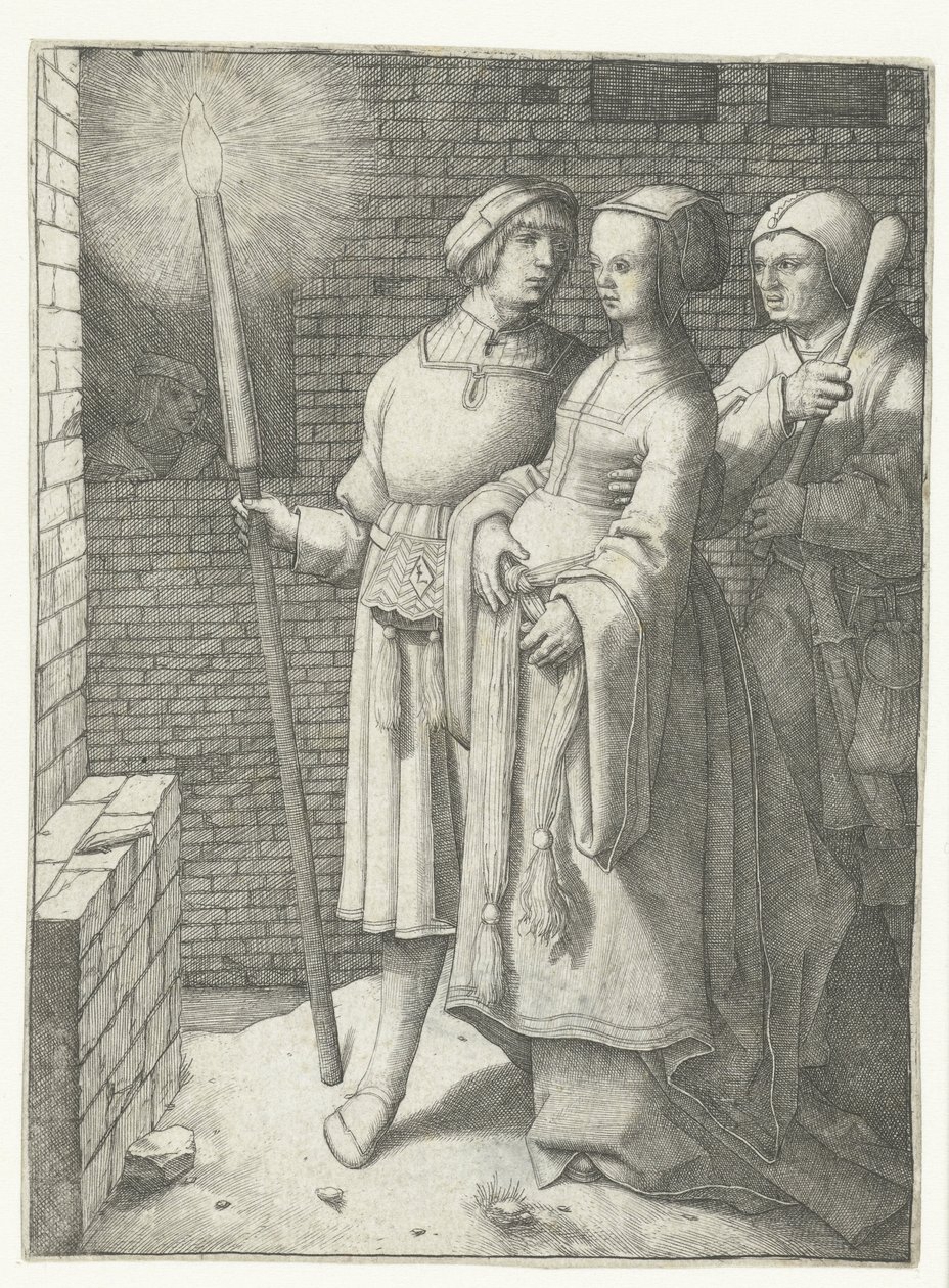 Mladý muž s pochodní, žena a nar od Lucas van Leyden