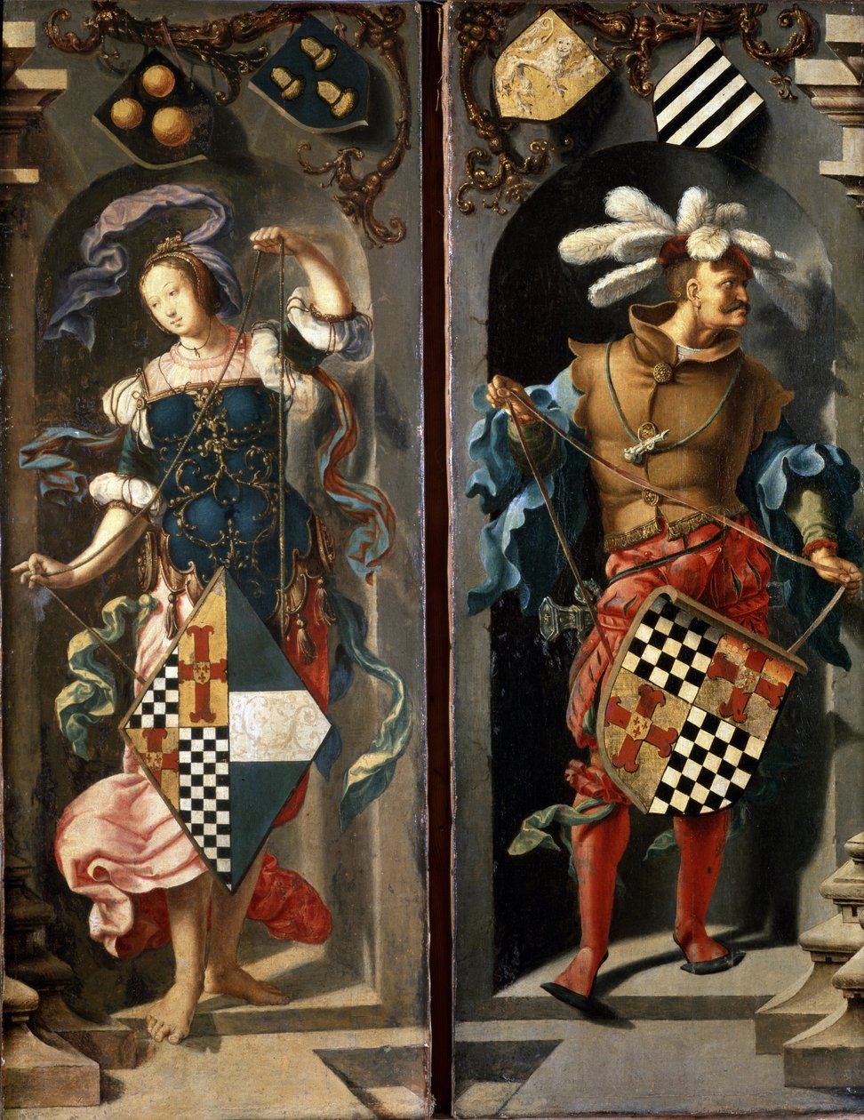 Uzdravení slepého muže z Jericha (boční panel). Uzdravení slepého muže z Jericha. Dvě postavy držící erby. Obraz Lucas Van Leyden (1489/94-1533) od Lucas van Leyden