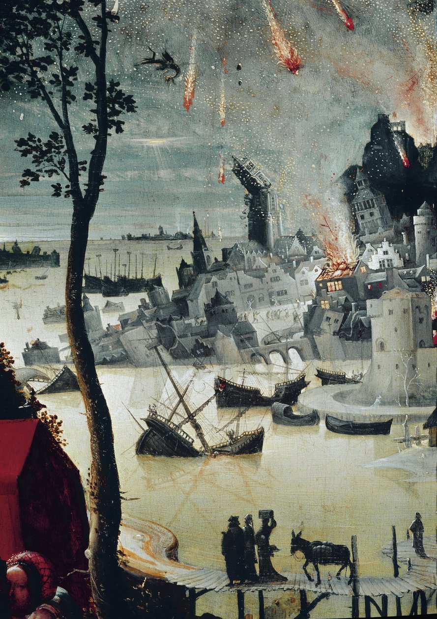 Lot a jeho dcery, detail zničení Sodomy (olej na panelu, cca 1517) od Lucas van Leyden