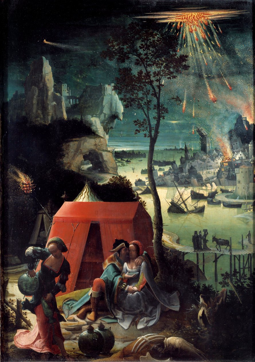 Loth a jeho dcery Loth obklopí své dvě dcery, útočiště v hoře, aby unikli zničení Sodomy. Nahé dívky opíjejí svého otce. Obraz Lucase van Leyden dit Lucas de Leiden (Leide) (Lucas Hugensz nebo Lucas Jacobsz) (1494-1533) 16 od Lucas van Leyden